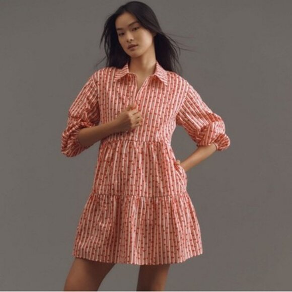 Maeve Bettina Shirt Dress Red/White Heart Stripe Tiered Mini Anthropologie MP - Picture 3 of 11
